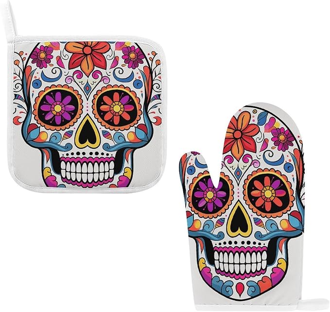Sugar Skull Oven Mitts and Pot Holders Sets Heat Resistant Kitchen Oven Gloves for Cooking Baking Grilling BBQ Heat Resistant Potholders - sugar skull oven mitts
