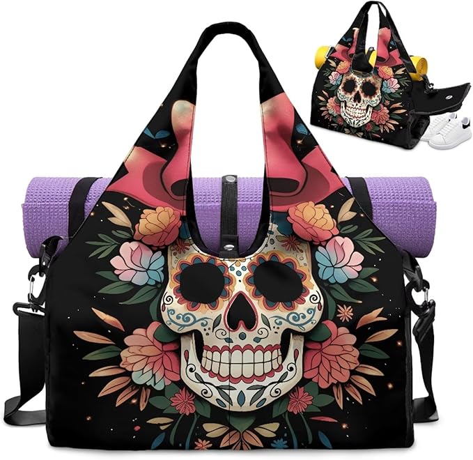 Yoga Mat Bag for Men Women Canvas Yoga Mat Carrier Take In Out Mat Easily for Beach Swim Bags Pool Sports Gym - sugar skull yoga mat