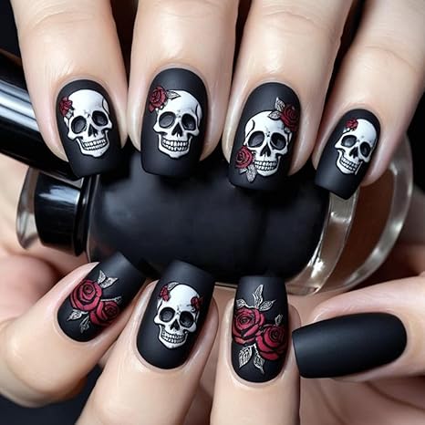 Halloween Press on Nails Medium Square Fake Nails Black Matte Glue on Nail Skull Floral Acrylic Stick on Nail False Nails with Flower Designs Reusable Artificial Nails for Women 24Pcs - sugar skull nail art