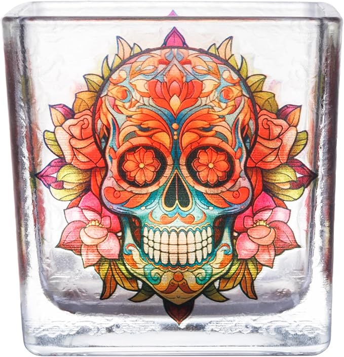 Stained Glass Styled Square Tealight Holder – Sugar Skull Day of The Dead, Real Glass Cup, Tealight Candle Holder for Dining Table, Wedding & Altar Prayer Decor - sugar skull candle holder