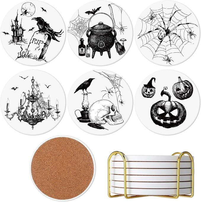 6 Set Vintage Halloween Gothic Coasters Spider Skull Raven Bottle Design Drink Coaster Absorbent Round Ceramic Stone Mat with Cork Base and Metal Holder for Home Bar Decor House Warming Gift - sugar skull coasters set