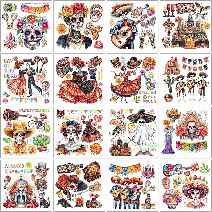 16 Sheets Day of The Dead Rub on Transfers for Crafts Furniture, Sugar Skull Skeleton Festival Transfer Stickers Decals for Home Glass Gifts Items Decor 6 x 6 Inch - sugar skull vinyl sticker