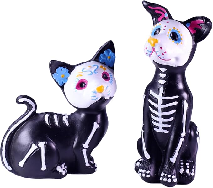 Day of The Dead Dog and Cat Figurine, Halloween Statue Sugar Skulls Animal Statue Resin Crafts Skeleton Sculpture for Halloween Home Desk Decorations (One Dog and one cat) - sugar skull christmas ornament