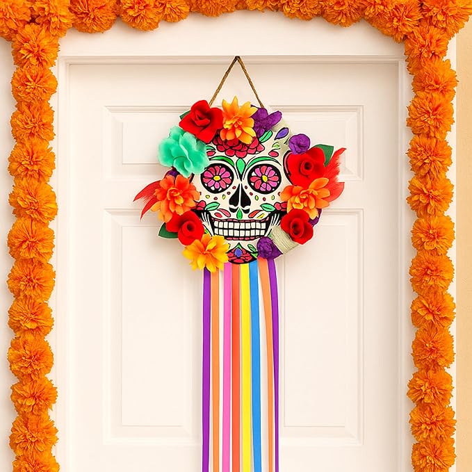 Day of The Dead Wreath for Front Door Wooden Sugar Skull Marigold Door Wreath Decor Dia De Los Muertos Welcome Sign Hanging for Halloween Mexican Home Wall Porch Window - sugar skull christmas ornament