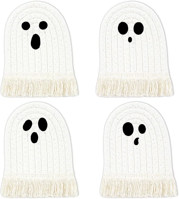 Whaline Halloween Ghost Cotton Coasters Cute White Ghost Shape Handmade Braided Drink Coasters Absorbent Cup Mats for Trick or Treat Party Home Table Decor, Set of 4 - sugar skull coasters set