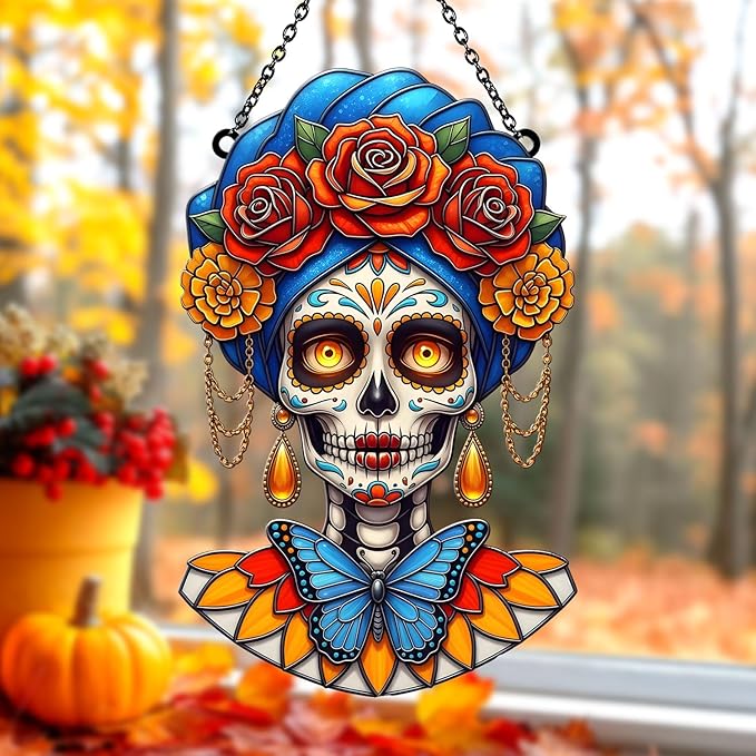 Sugar Skull Stained Glass Window Hanging Acrylic | Floral Faux Sun Catchers Indoor Window | Suncatchers for Windows Hanging | Halloween Tree Ornaments Decor - sugar skull wine glass