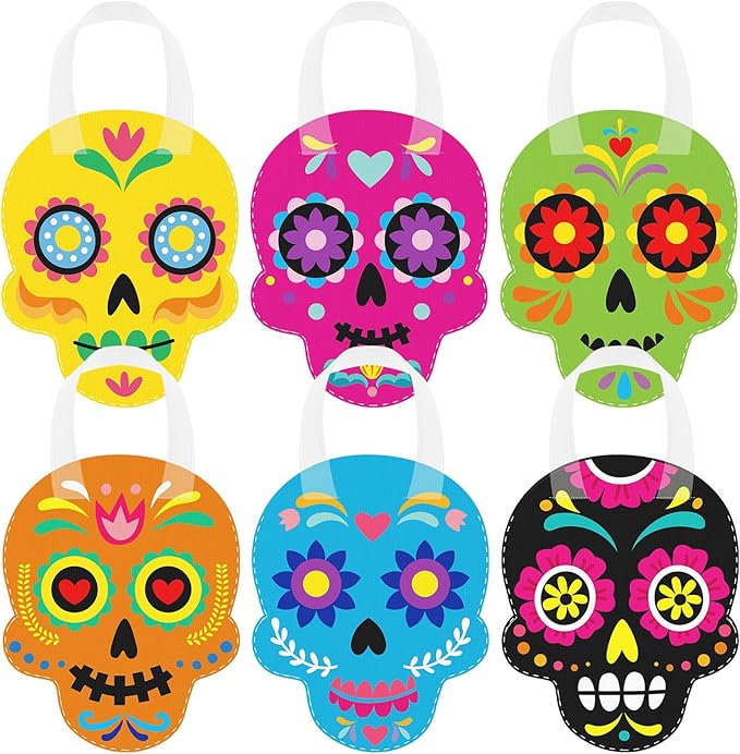 Sweetude 24 Pcs Day of the Dead Party Favors Bags Sugar Skull Non-woven Reusable Candy Goodie Gift Treat Bags with Handles for Halloween Dia De Los Muertos Party Supplies Decorations(Colorful Style) - sugar skull christmas ornament