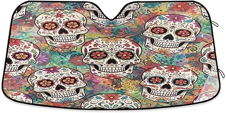 Car Sunshades for Windshield Sugar Skulls Vintage Flowers, Foldable Front Window Cover, Aluminum Sun Shade for Car - 53×23.5 Inches - sugar skull car sunshade for windshield