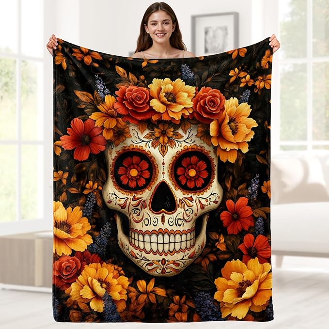 Aimego Sugar Skull Throw Blanket Gifts for Girl Women Halloween Skull Throw Blanket Gothic Skeleton Day of The Dead Blankets and Throws for Couch Sofa Bed for Kids Adult Women 50X60 in - sugar skull canvas wall art