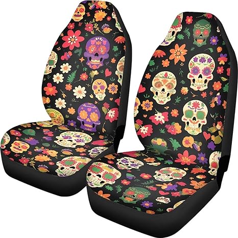 Sugar Skull Car Seat Covers for Front Seats Colorful Cartoon Sugar Skull Daisy Lights Nonslip Front Seat Cover Mexican Day of The Dead Fits for Trucks, SUVs, for Women - sugar skull car seat covers set