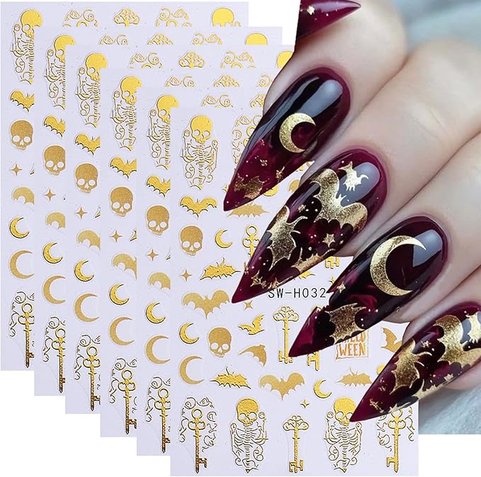 Halloween Nail Art Stickers Decals 6PCS Skull Bat Nail Stickers 3D Self-Adhesive Nail Decals Moon Star Key Skeleton Halloween Nails Design Holiday Gothic Nail Supplies for Women DIY Nail Decorations - sugar skull nail art