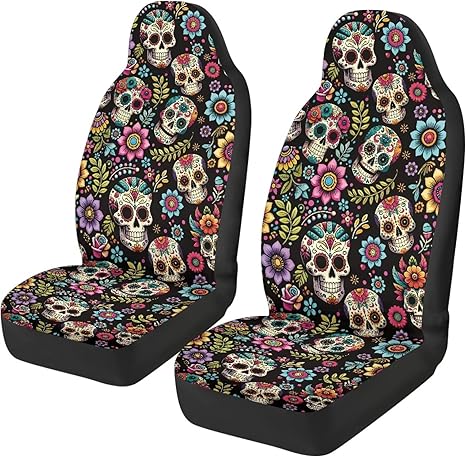 Sugar Skull Car Seat Covers Front Seats – Anti-Slip Back Fabric, Easy to Install, Elastic Fabrics, Universal Fit Most Cars - sugar skull car seat covers set
