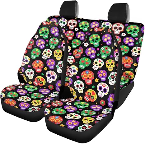 Sugar Skull Breathable Seat Cover Colorful Cartoon Sugar Skull Daisy Dust Proof Non Slip Bucket Seat Cover Mexican Day of The Dead Universal Fit Easy to Install Cover Set - sugar skull car seat covers set