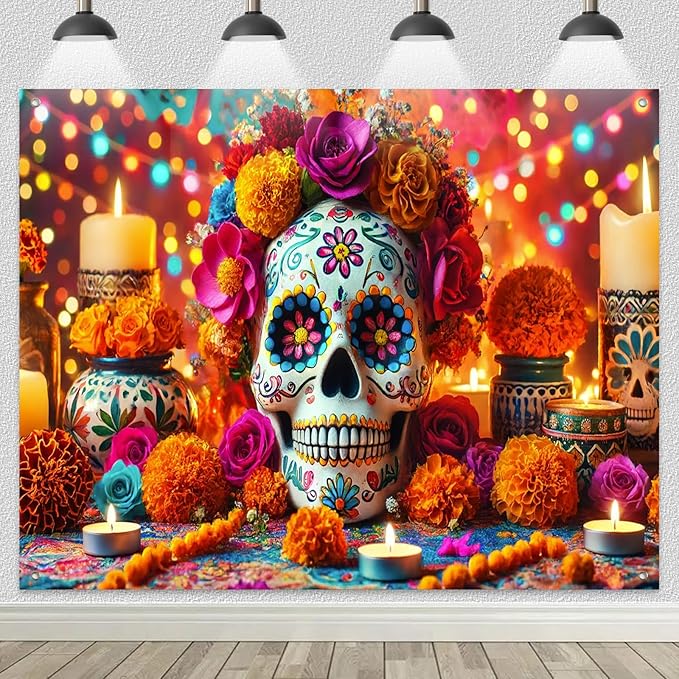 Day of The Dead Backdrop Banner 8x6ft Colorful Sugar Skull Decor Mexican Fiesta Background Party Photo Backdrop Fall Party Supplies Outdoor Indoor Seasonal Decoration - sugar skull nail art