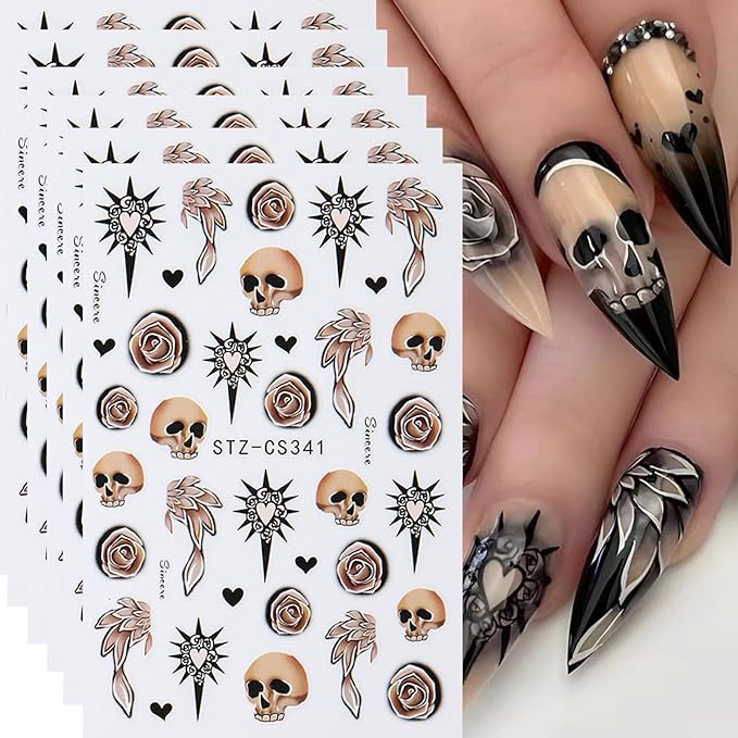 Halloween Skull Nail Art Stickers 6PCS 3D Retro Rose Flowers Heart Design Nail Decals Gothic Style Self-Adhesive Manicure Sliders Day of The Dead Nail Supplies for Women Halloween Nail Art Decoration - sugar skull nail art