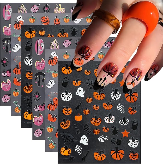 12Pcs Halloween Nail Stickers - Halloween Nail Decals - 3D Self-Adhesive Ghosts Pumpkin Spider Web Nail Design Decorations for Halloweens DIY Manicure Supplies - Nail Art Decorations Accessories - sugar skull nail art