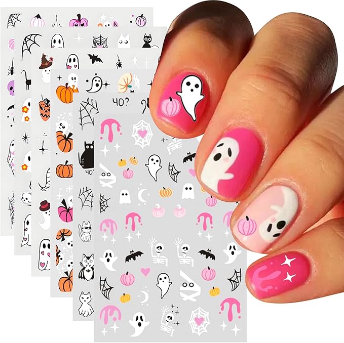 12Pcs Halloween Nail Stickers - 3D Self-Adhesive Halloween Nail Decals - Pink Ghosts Skull Pumpkin Nail Design Decorations for Halloweens DIY Manicure Supplies - sugar skull nail art