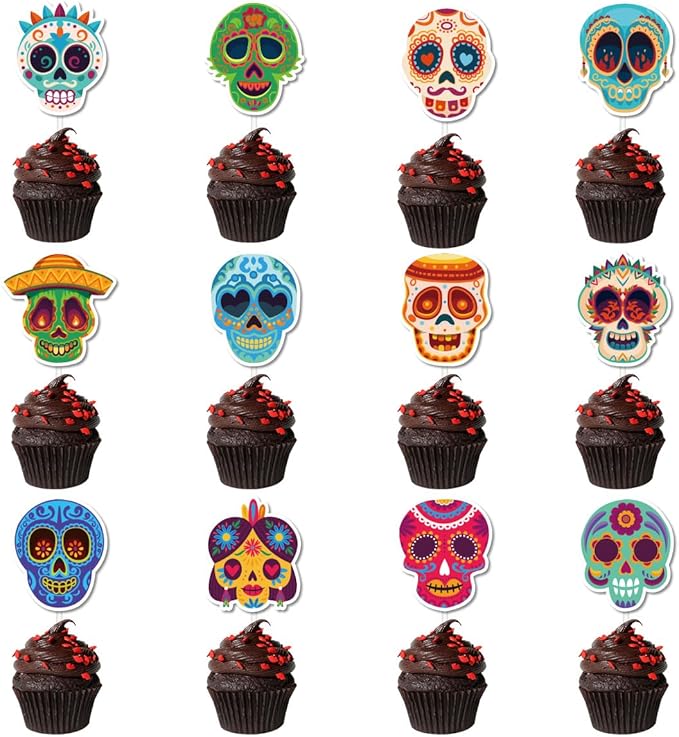 24 Pcs Day of The Dead Cupcake Toppers Decorations Dia De Los Muertos Cupcake Picks Skeleton Sugar Skull Mexican Fiesta Cake Topper for Halloween Party Supplies - sugar skull coffee cup