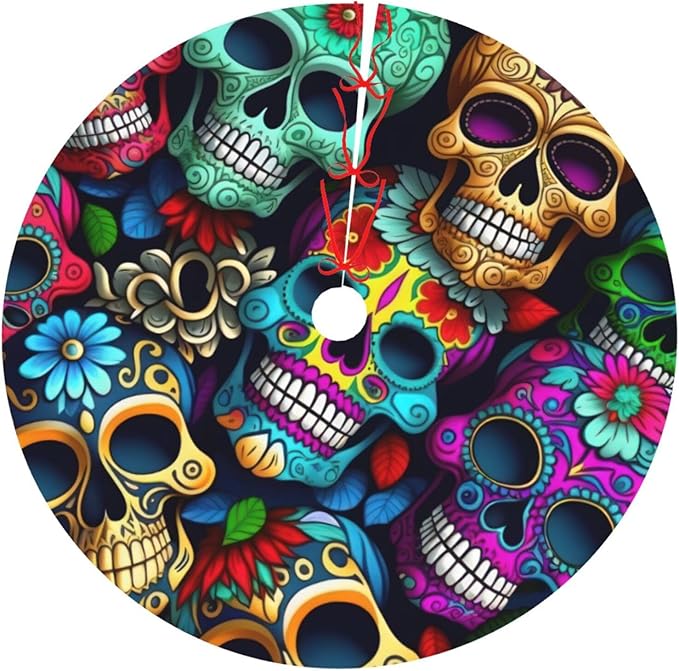 Sugars Skulls Christmas Tree Skirt, Thickened Apron, Xmas Tree Skirts Mat for Home Farmhouse Party Holiday Decor - sugar skull christmas decorations
