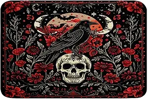 Erosebridal Black Crow Bath Mat 20"X 32" Halloween Decoration Doormat Sugar Skull Skeleton Bones Bathroom Rugs for Kids Teens Adult Spooky Exotic Floral Non Slip Bath Rug - sugar skull toilet mat set