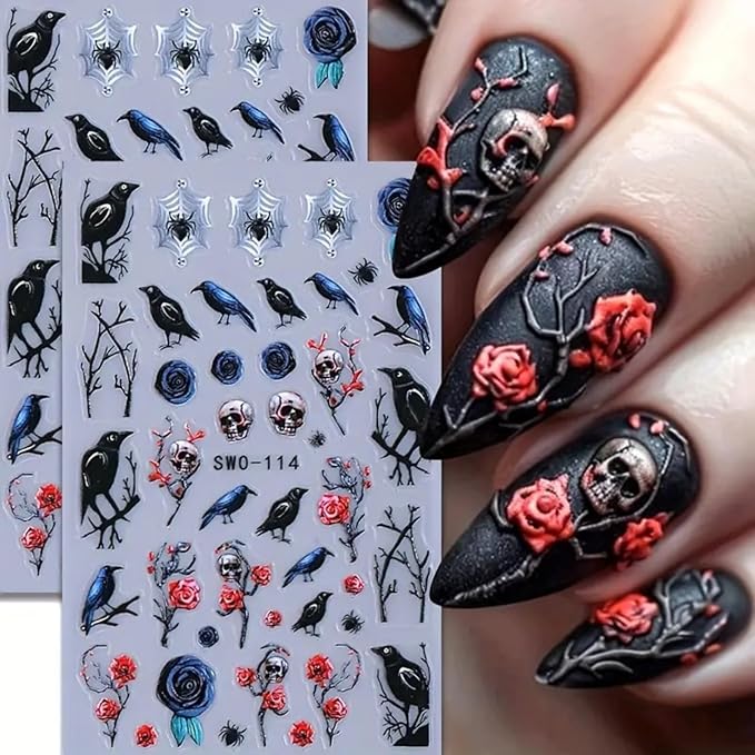 2 Sheets Halloween Nail Art Stickers Decals 5D Embossed Skeleton Rose Nail Decals Black Birds Spider Web Skull Rose Design Halloween Nail Stickers Manicure Accessories for Women Nail Art Decorations - sugar skull nail art