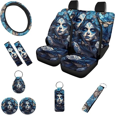 12 Pieces Sugar Skull Butterfly Blue Car Seat Cover Automotive Seat Belt Pads Steering Wheel Lip Storage Bag Keychain Interior Accessories Decoration for Cars Auto Trucks SUVs - sugar skull car seat covers set