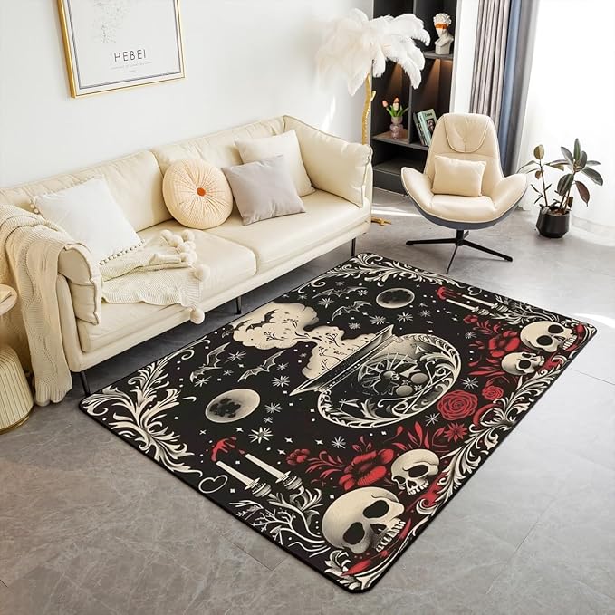 Erosebridal Bat Gothic Area Rug 5X7 Kids Teens Sugar Skull Living Room Rugs Halloween Bat Animal Decorative Carpet for Living Room Decor Spooky Skeleton Bones Indoor Floor Mat - sugar skull area rug