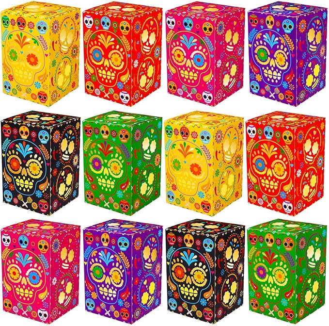 Furbeko 48 Pcs Day of The Dead Candle Holder Decorations El Día de Muertos Luminary Bags Skull Hollowed Paper Light Boxes Goodie Bags for Mexican Fiesta Halloween Party Decor Supplies (No Lights) - sugar skull candle holder