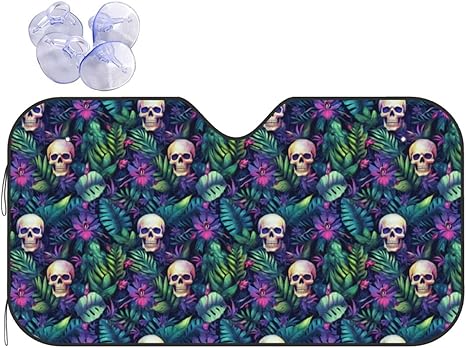 Palm Leaf Flower Sugar Skull Car Windshield Sun Shade Front Window Sunshade Blocks UV Sun Visor Shield Interior Protector for Truck SUV Auto 51x27.5 Inch - sugar skull car sunshade for windshield