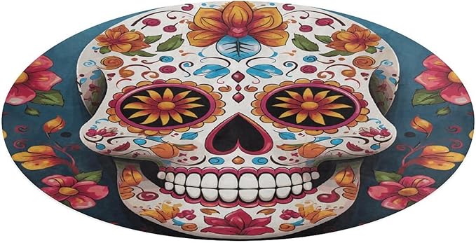 Colorful Sugar Skull Floor Mats Non Slip Round Area Rug Soft Water Absorbent Coral Velvet Floor Mat for Bathroom Bedroom,Entryway, Office 60 * 60cm - sugar skull floor mat