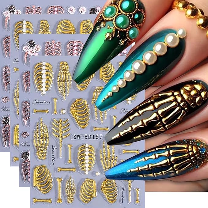 4 Sheets Halloween Skeleton Nail Art Stickers for Nail Art, 5D Embossed Skull Bones Nail Decals Golden Rose Gold Skeleton Designs Gothic Adhesive Sliders Halloween Nail Decorations Accessories - sugar skull nail art