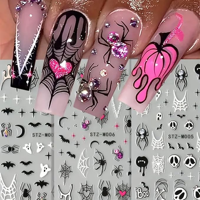 Halloween Nail Art Stickers Decals Halloween Spider Web Spider Nail Decals 3PCS Ghost Bat Skull Star Design 5D Engraved Nail Stickers Nail Art Supplies for Women Holoday DIY Manicure Nail Decorations - sugar skull nail art