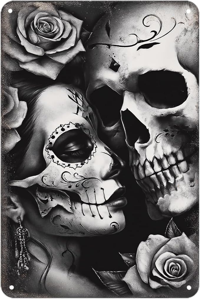 Sugar Skull tin sign, Vintage Day of The Dead Metal Sign print Aesthetic Room Decoration for Home Bedroom Kitchen Bar Coffee Bathroom Indoor Outdoor Wall Decor, 8 X 12 IN - sugar skull poster print