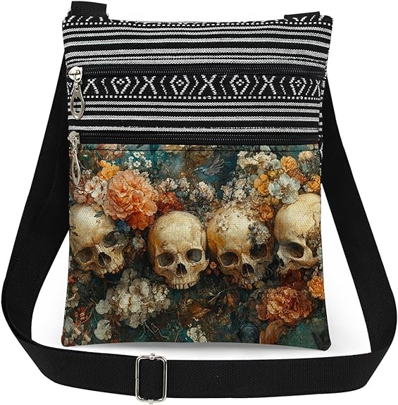 Sugar Skull Crossbody Bag Flowers with Skulls Print Adjustable Strap Messenger Bag Daily Use Zipper Wallet Halloween Night Christmas Gift for Women - sugar skull wallets for women