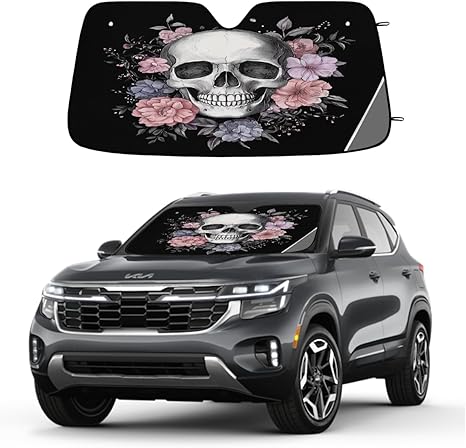 Floral Sugar Skull Car Windshield Sun Shade Front Window Sunshade Foldable Reflective Sun Visor for SUV Truck Van Sun Protection Visors Blocks UV Rays - sugar skull car sunshade for windshield