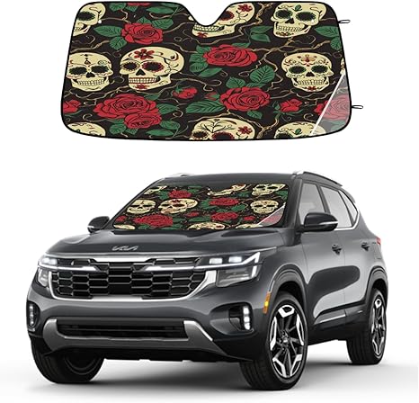 Day of The Dead Sugar Skull Car Windshield Sun Shade Rose Skull Front Window Sunshade Foldable Reflective Sun Visor for SUV Truck Van Sun Protection Visors Blocks UV Rays - sugar skull car sunshade for windshield