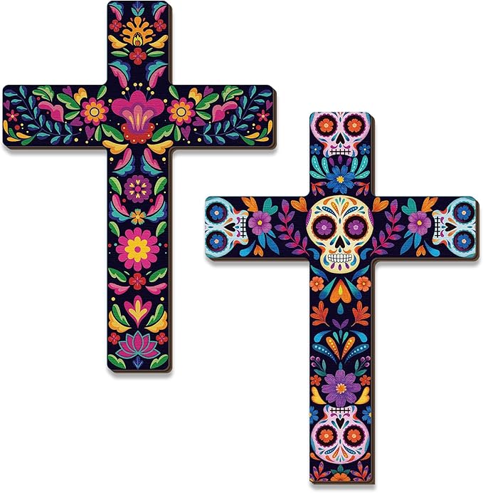Pinkunn 2 Pcs Mexican Cross Wall Decor Floral Day of The Dead Decoration Hand Painted Wood Wall Art Día De Los Muertos Altar Decorations Spanish Cross Decor for Home(Sugar Skeleton) - sugar skull canvas wall art