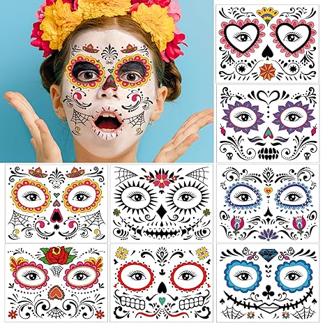 Day of the Dead Face Tattoos,8 Sheets Rose Sugar Skull Skeleton Fake Temporary Tattoos for Kids Adults Día de Los Muertos Makeup Masquerade Cosplay Halloween Party Favor Supplies - sugar skull temporary tattoo
