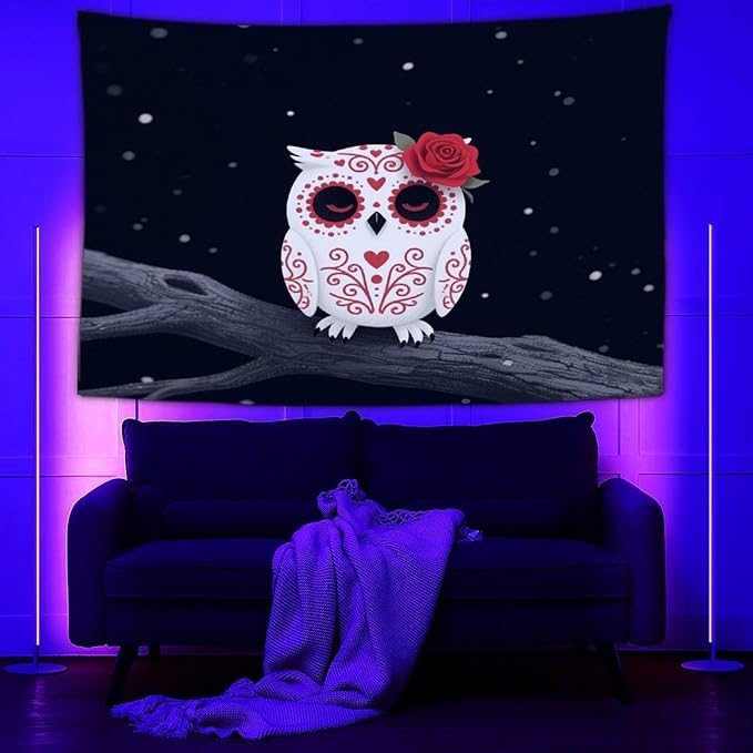 Hippie Hippy Blacklight Tapestry Sugar Skull Owl Rose Art Wall Hanging Throw Posters - Large UV Reactive Yoga Mat Rugs Home Art for Home, Ceiling, Spring, 60x80 inch - sugar skull yoga mat