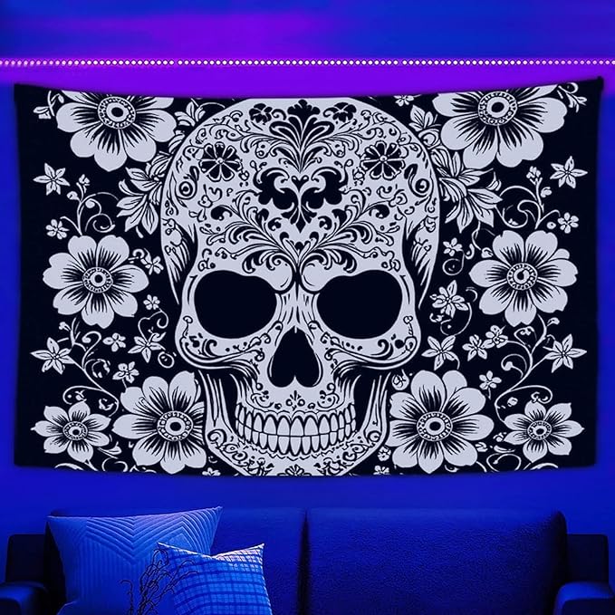 Boho Wall 40x60 inch Blacklight Tapestry Posters - Mexican Sugar Skull Pattern Halloween Lightweight UV Reactive Yoga Mat Rugs for Dorm Accessories, Wedding, Festival - sugar skull yoga mat
