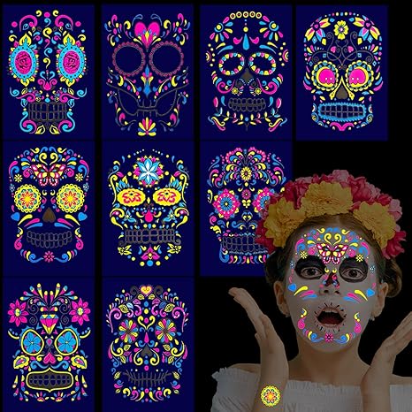 Day of The Dead Face Temporary Tattoos,9 Sheets Glow UV Neon Sugar Skull Skeleton Fake Tattoos for Día de Los Muertos Makeup Masquerade Cosplay Halloween Party Supplies - sugar skull temporary tattoo