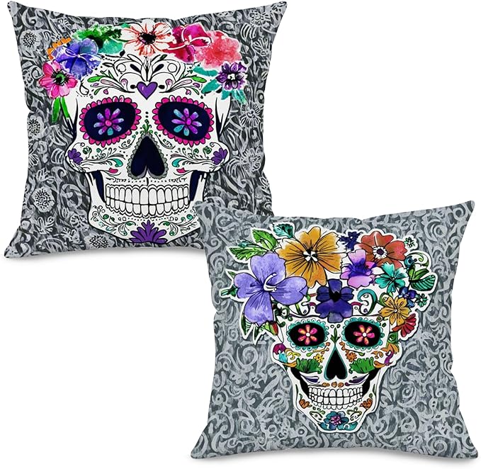 Day of The Dead Sugar Skull Pillow Covers 18x18 Inch Set of 2 – Double-Sided Colorful Floral Skull Throw Pillow Cases – White Linen Halloween Decorative Cushion Covers for Sofa, Couch, Home Decor - sugar skull throw pillow