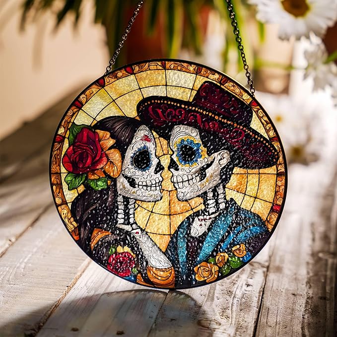 Stunning Day of The Dead Sugar Skull Couple Stained Glass SunCatcher - Dia de Los Muertos Light Catcher for Window Hanging - Spooky Halloween Calavera Home Decor (6x6) - sugar skull wine glass
