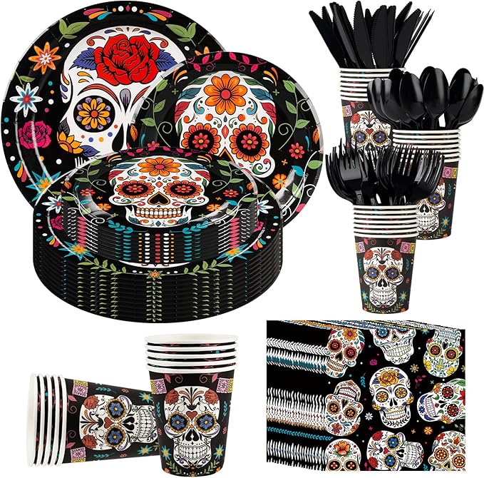 350pcs Day of the Dead Party Decorations for 50 Guests Include Paper Plate, Napkin, Cup and Disposable Plastic Cutlery - sugar skull plates set