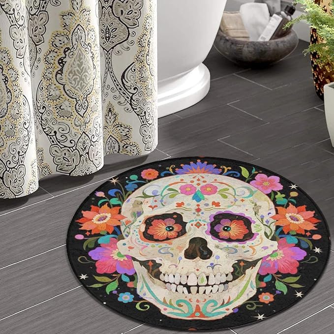 Modern Memory Foam Grunge Mexican Sugar Skulls Day of The Dead Flowers Art Round Floor Mat for Living Room, Laundry Room - Fast Dry Kitchen Rug Home Art - sugar skull floor mat