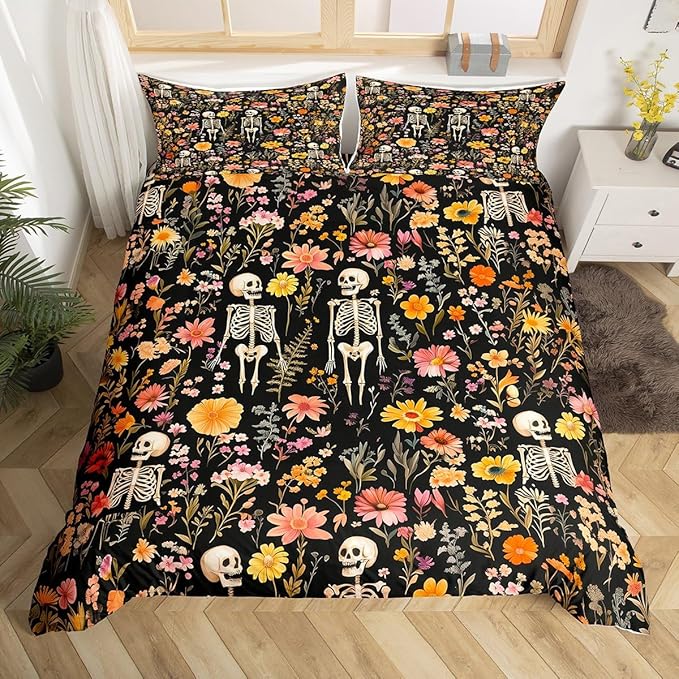Feelyou Happy Halloween Duvet Cover Queen Size Sugar Skull Bedding Set for Boys Girls Yellow Pink Black Comforter Cover Skeleton Bones Bedroom Decor 3Pcs - sugar skull bedding set