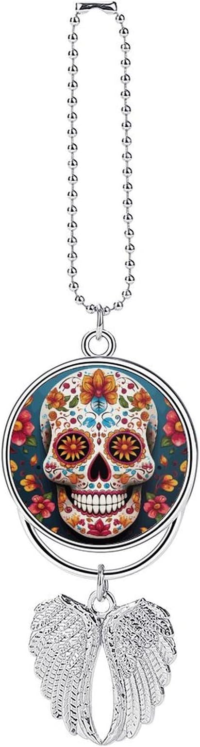Colorful Sugar Skull Angel Wings Rearview Mirror Hanging Accessories, Metal Car Charm Pendant, Car Hanging Ornament Decoration, Guardian Angel Wings Ornaments for Christmas Tree, Bag Purse Charms-silv - sugar skull christmas ornament