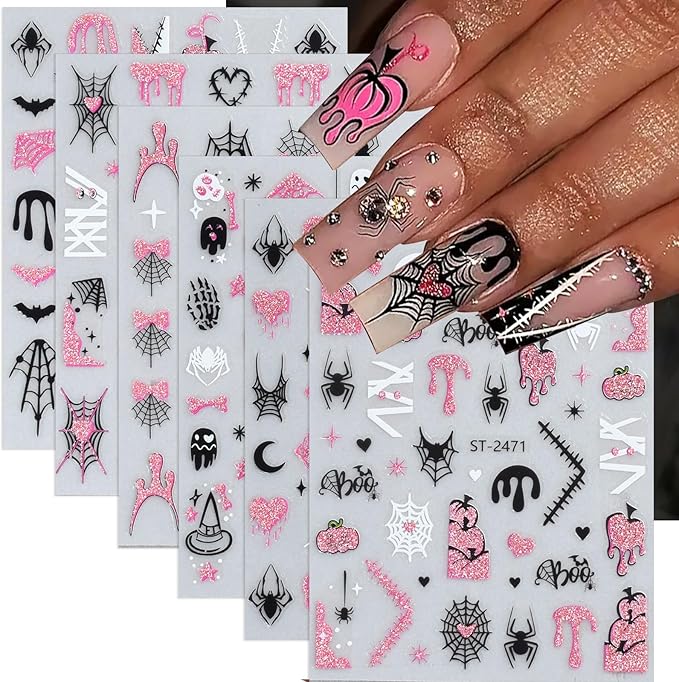 Pink Halloween Nail Art Stickers Decals Spider Web Nail Decals 6PCS Self-Adhesive Spooky Pumpkins Skull Bat Ghost Design Black White Nail Art Supplies Sliders Manicure Accessories Holiday Decorations - sugar skull nail art