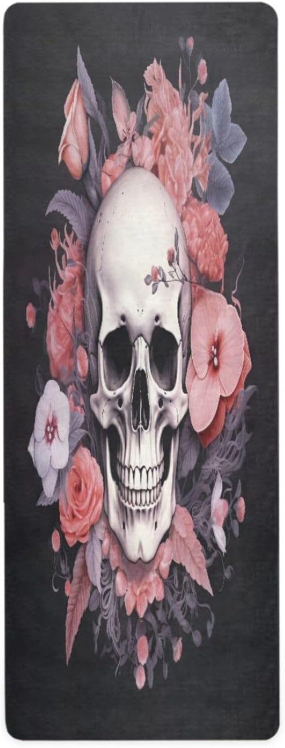 Rose Floral Sugar Skull Yoga Mat Non Slip Natural Rubber Fitness Exercise Mat for Home Workout Gym Stretching Pilates Mats with Carrying Bag 71" x 26" - sugar skull yoga mat