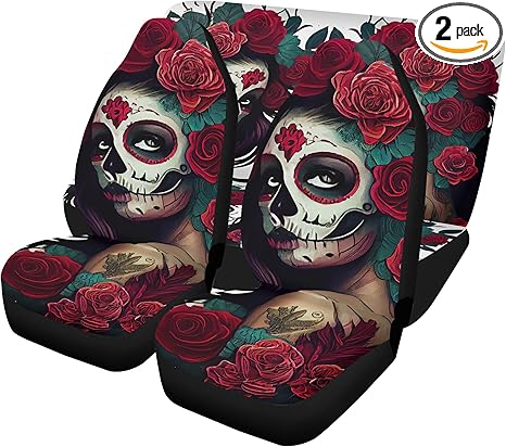 Sugar Skull Car Seat Covers and Floor Mats – Día de Los Muertos Mexican Calaveras Design, Colorful Candy Skull Hooded Seat Protector and Auto Rug Set (2pcs Front seat Covers) - sugar skull car floor mats